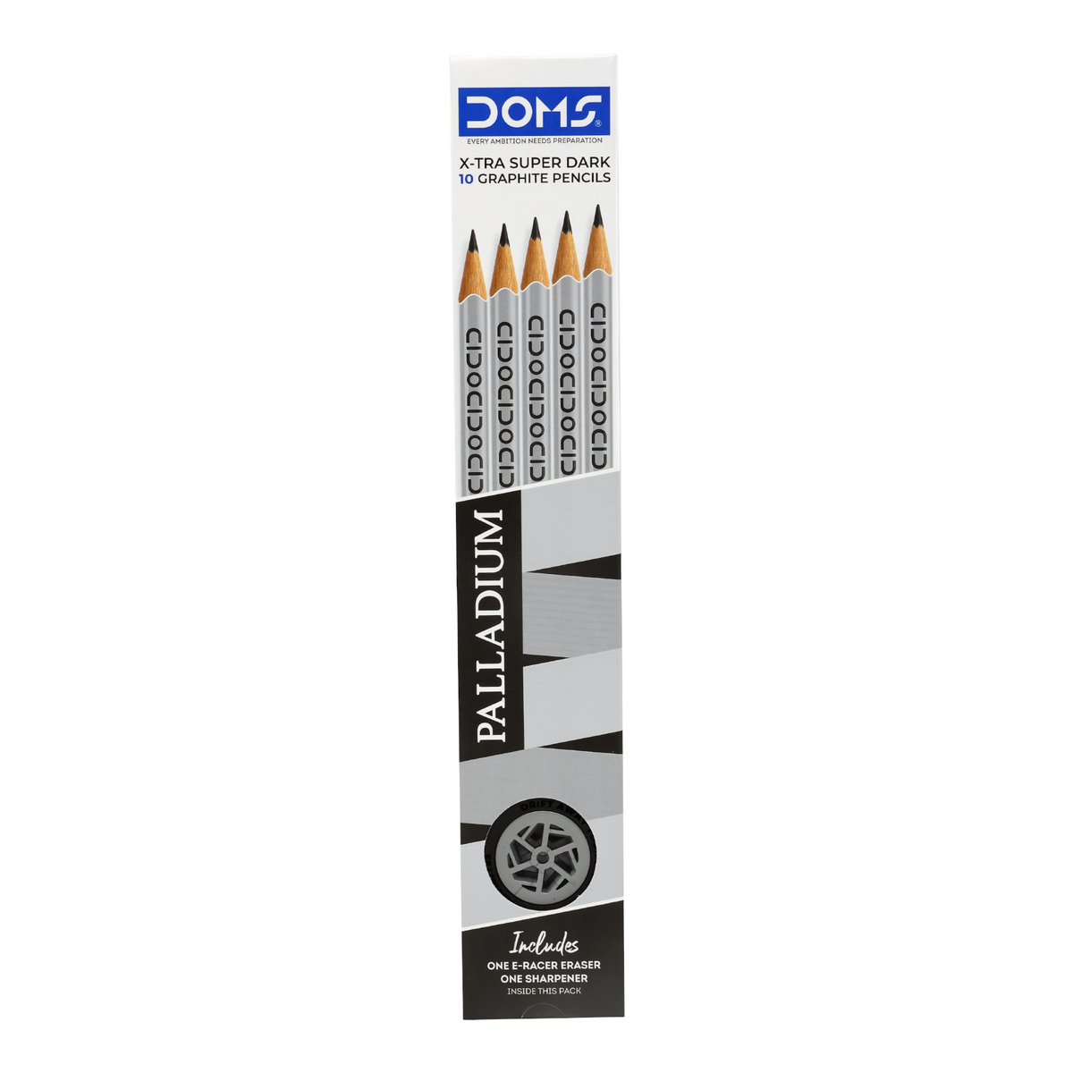 DOMS Palladium X-Tra Super Dark Graphite Pencils Pack of 10 with Eraser & Sharpener | Premium Writing & Drawing Pencils for School & Office Use