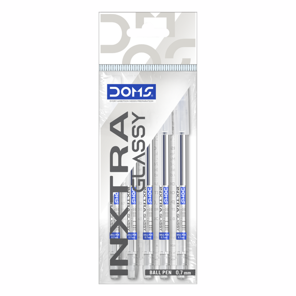 DOMS INXTRA Glassy Ball Pens Pack of 5 – 0.7mm Smooth Writing Pens with Transparent Barrel | Blue, Black & Red Ink