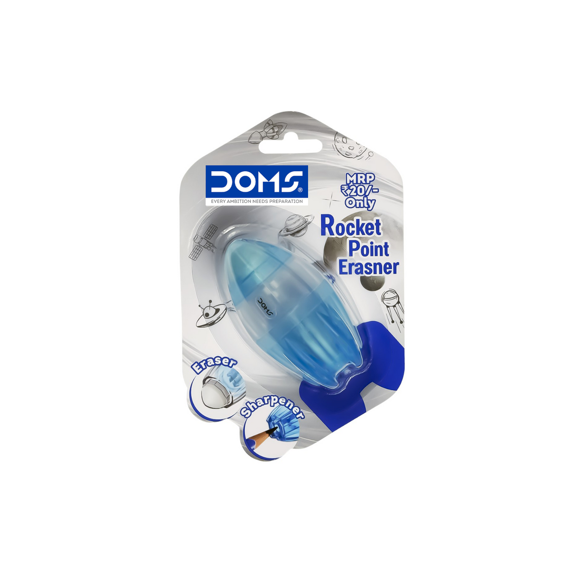 DOMS Rocket Point Erasner – 2-in-1 Eraser with Built-in Sharpener | Precision Erasing & Smooth Sharpening | Perfect for Students