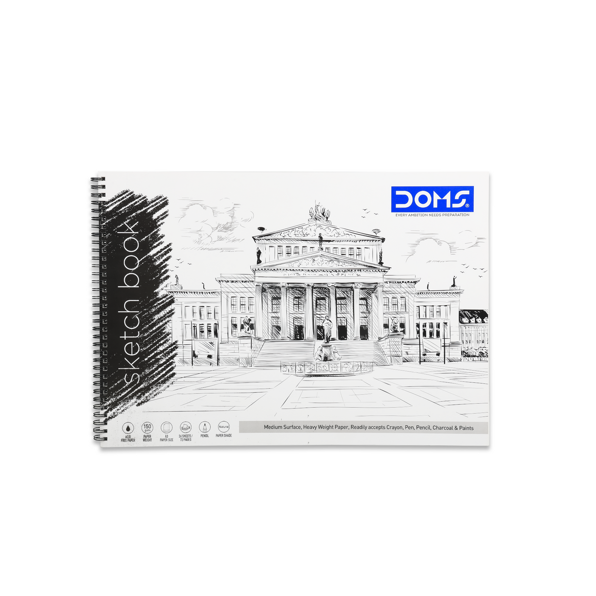 DOMS Sketch Book 150 GSM Spiral Bound Acid-Free Drawing & Sketching Book | 36 Sheets / 72 Pages | 27.5 √ó 34.7 cm | Natural Shade Heavyweight Paper for Pencil, Pen, Crayon, Charcoal & Paint