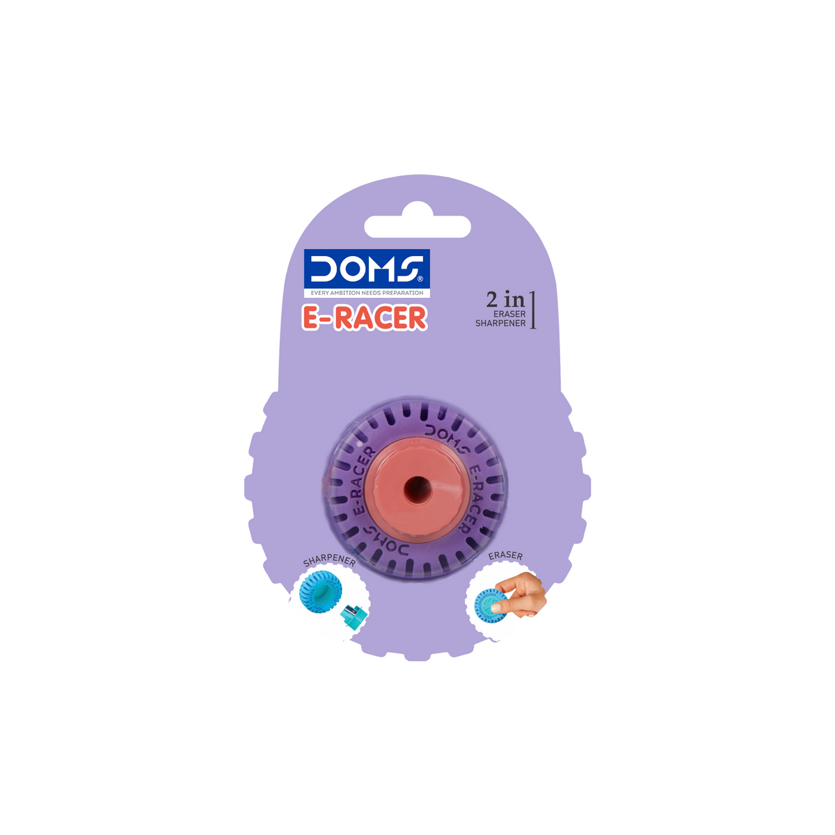 DOMS E-RACER 2-in-1 Eraser + Sharpener | Dual Function Pencil Eraser with Built-in Sharpener | Compact, Non-Toxic School & Office Stationery