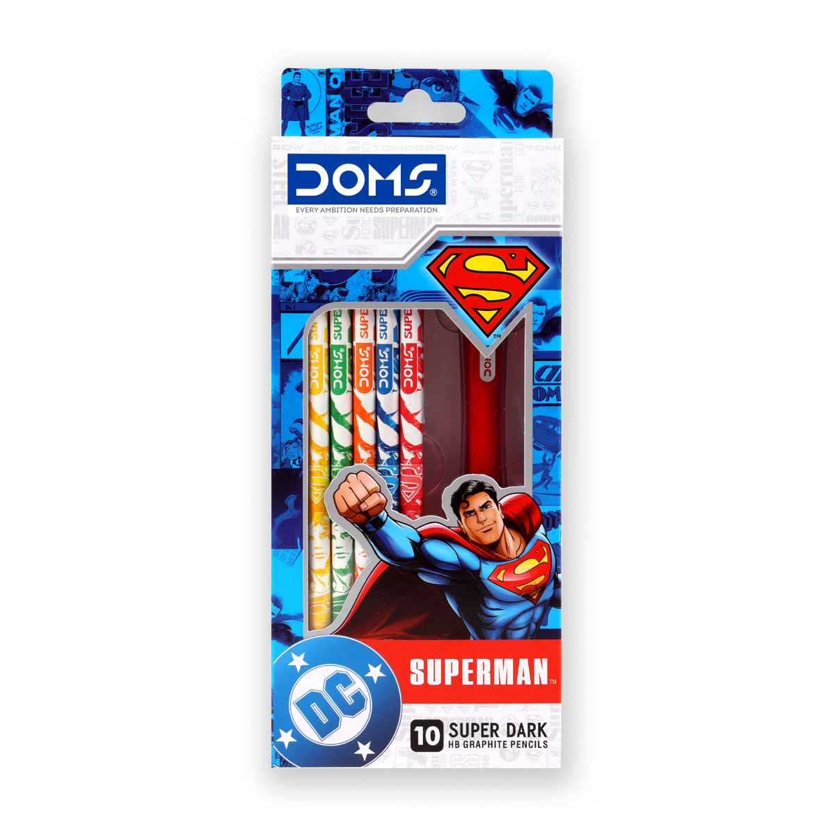 DOMS Superman Pencil Set | Superman-themed designs Pencils|Super Dark Writing | Pencils with Sharpener& Eraser for School Kids | Official Licsenced Merchandise