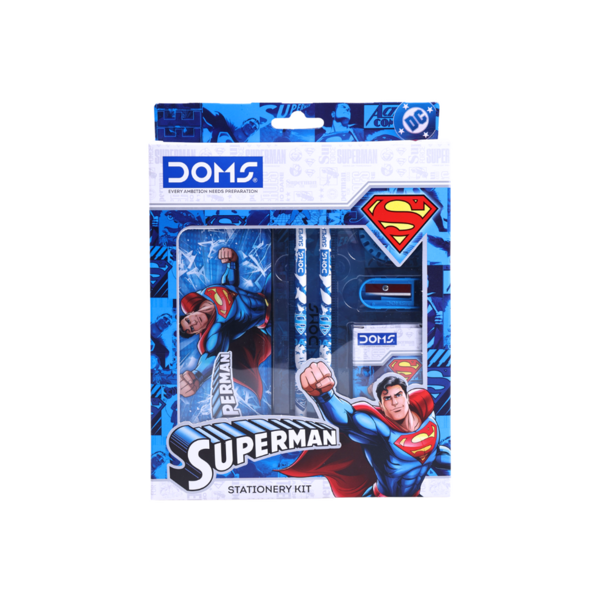 DOMS Superman Stationery Kit with Metal Tin Box, 12-Shade Wax Crayons, 2 Pencils, Eraser, Sharpener & Scale | School & Gifting Set