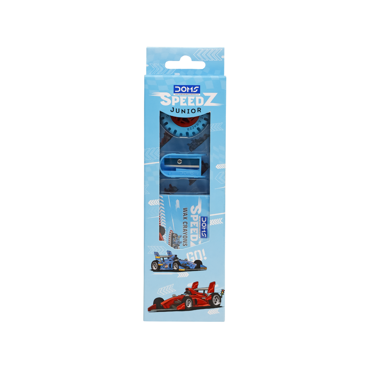 DOMS Speedz Junior Stationery Kit – Kids Racing Theme Colouring & Writing Combo with Wax Crayons, Pencil, Eraser & Sharpener