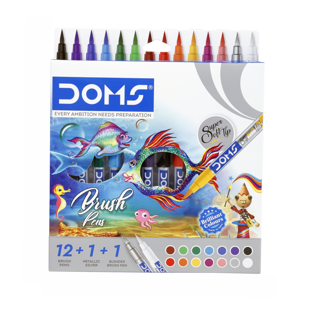 DOMS Brush Pens 13+1 Colors – Fine & Bold Stroke Pens for Calligraphy and Sketching