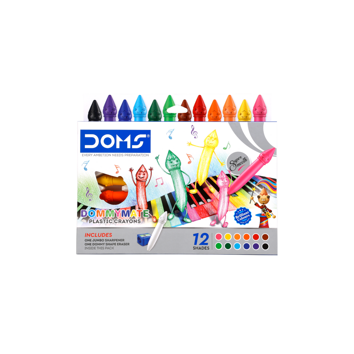 DOMS DOMMYMATE Plastic Crayons 12 Shades Set for Kids | Vibrant Non-Toxic Coloring Crayons | Smooth, Break-Resistant Art & Drawing Kit
