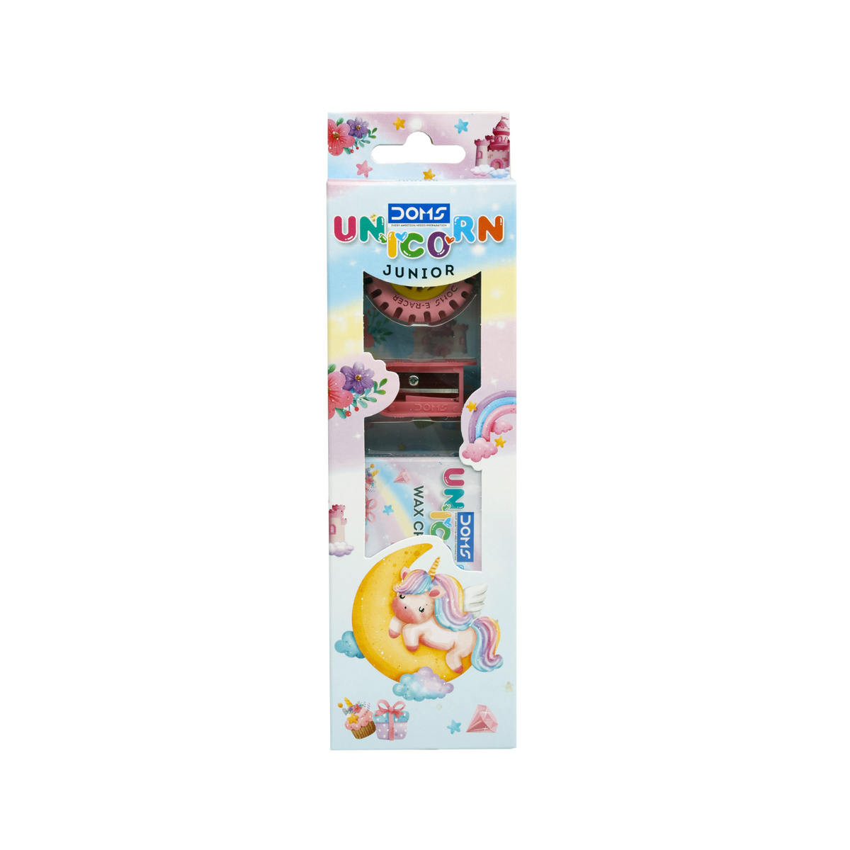 DOMS Unicorn Junior Stationery Kit – Kids Creative Combo with Wax Crayons, Pencil, Eraser & Sharpener for School & Art Activities