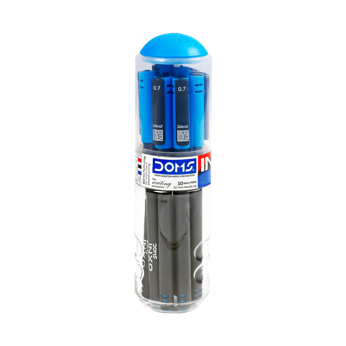 DOMS INXO Classic Ball Pen Jar Pack – 0.7mm Smooth Writing Pens | Jar of 10 pens | Available in Blue Ink Colour | Bulk Storage Bottle | ULV Ink Technology
