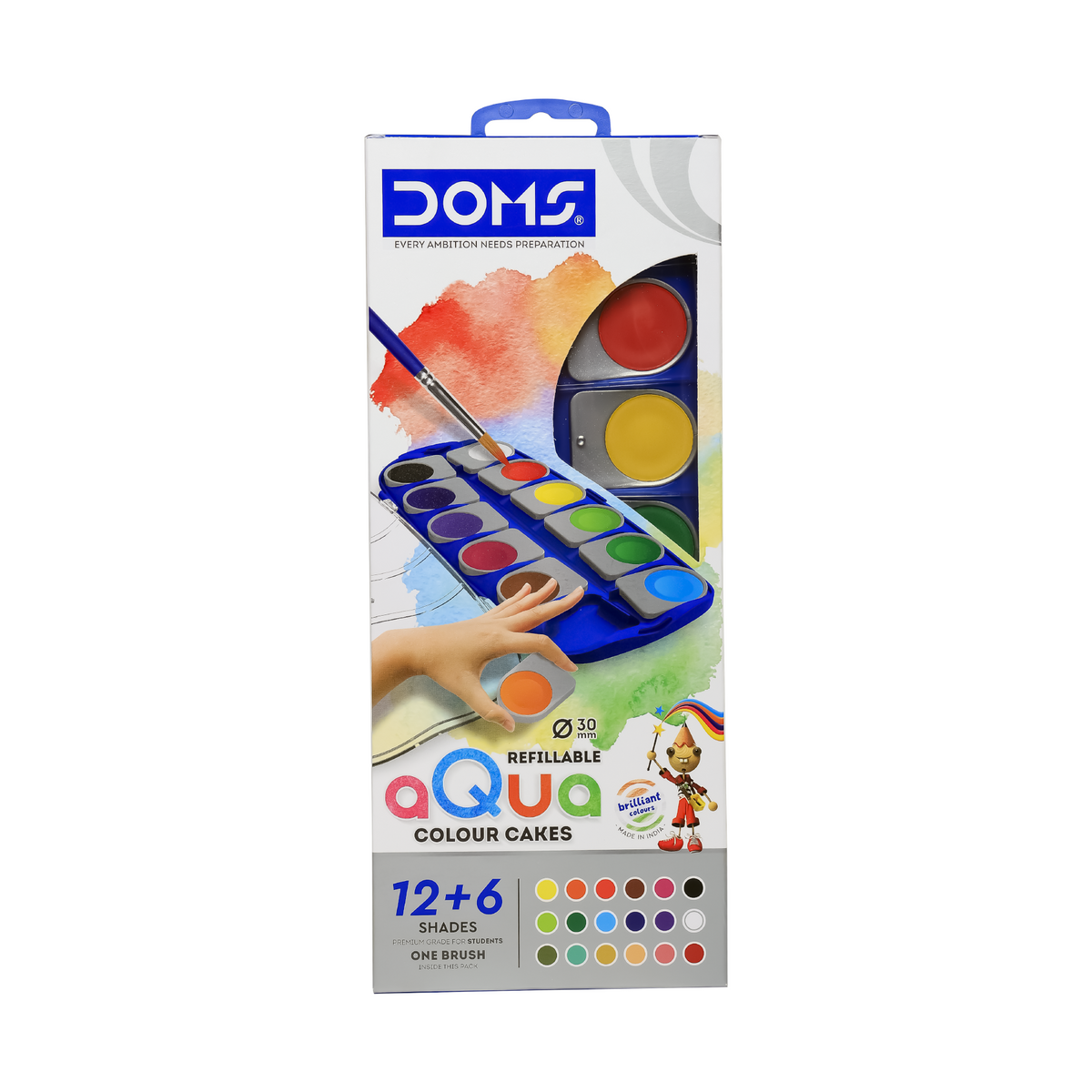 DOMS Refillable Aqua Color Cakes 18 Shades (30mm) | Watercolor Paint Set with Large Pans | Non-Toxic, Vibrant & Smooth Blending Art Kit