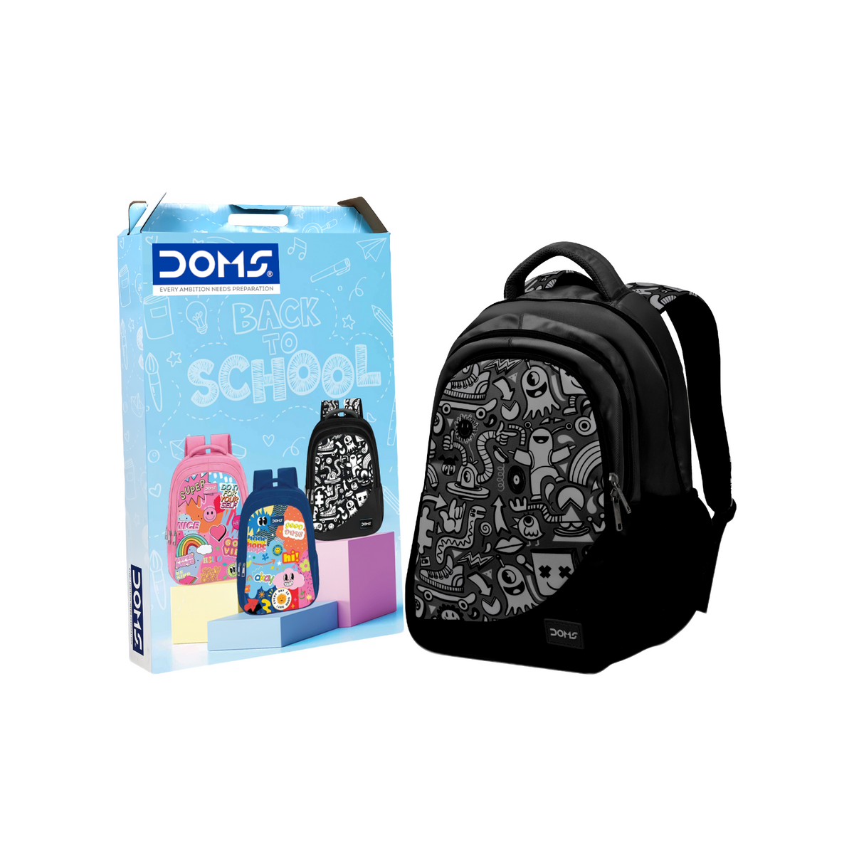 DOMS Doodle Bag School Backpack – Lightweight Water-Resistant | Graphic Print Bag (34L)