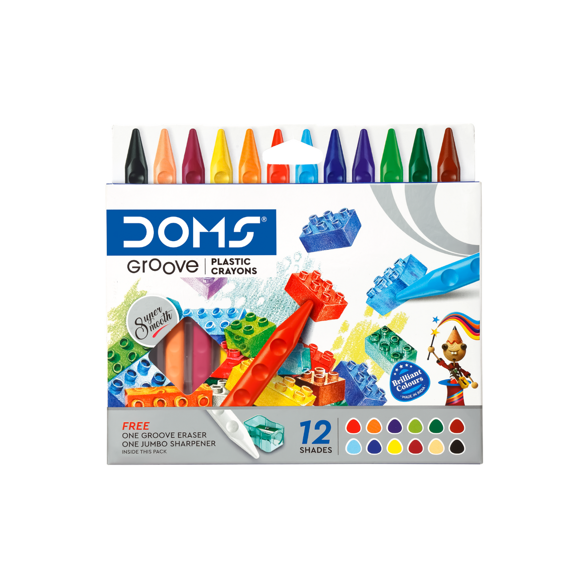 DOMS Groove Plastic Crayons – 12 Shades Erasable & Sharpenable Crayons with Grip Design | Smooth Colouring for Kids
