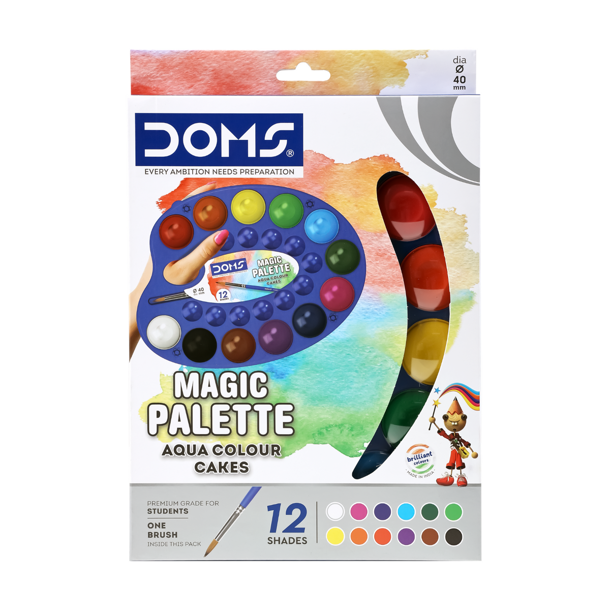 DOMS Magic Palette Aqua Color Cakes 12 Shades (40mm) | Large Pan Watercolor Paint Set | Non-Toxic, Vibrant & Smooth Blending Art Kit