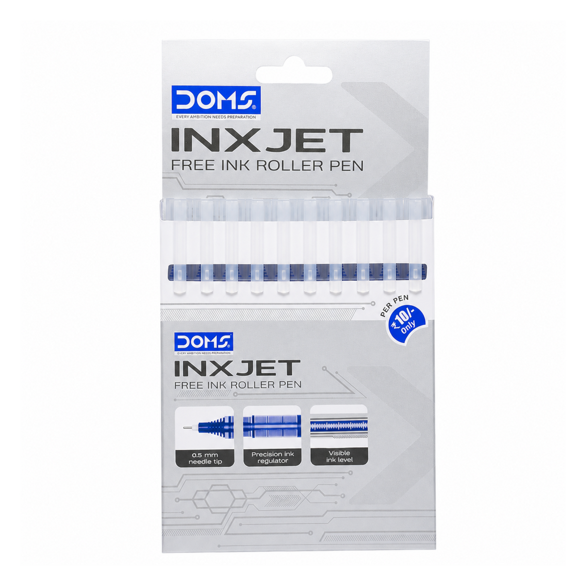 DOMS INXJET Free Ink Roller Pens Pack – 0.5mm Precision Tip | Pack of 10 Pens | Smooth Writing Roller Pens | Blue, Black, Red & Multicolour Ink