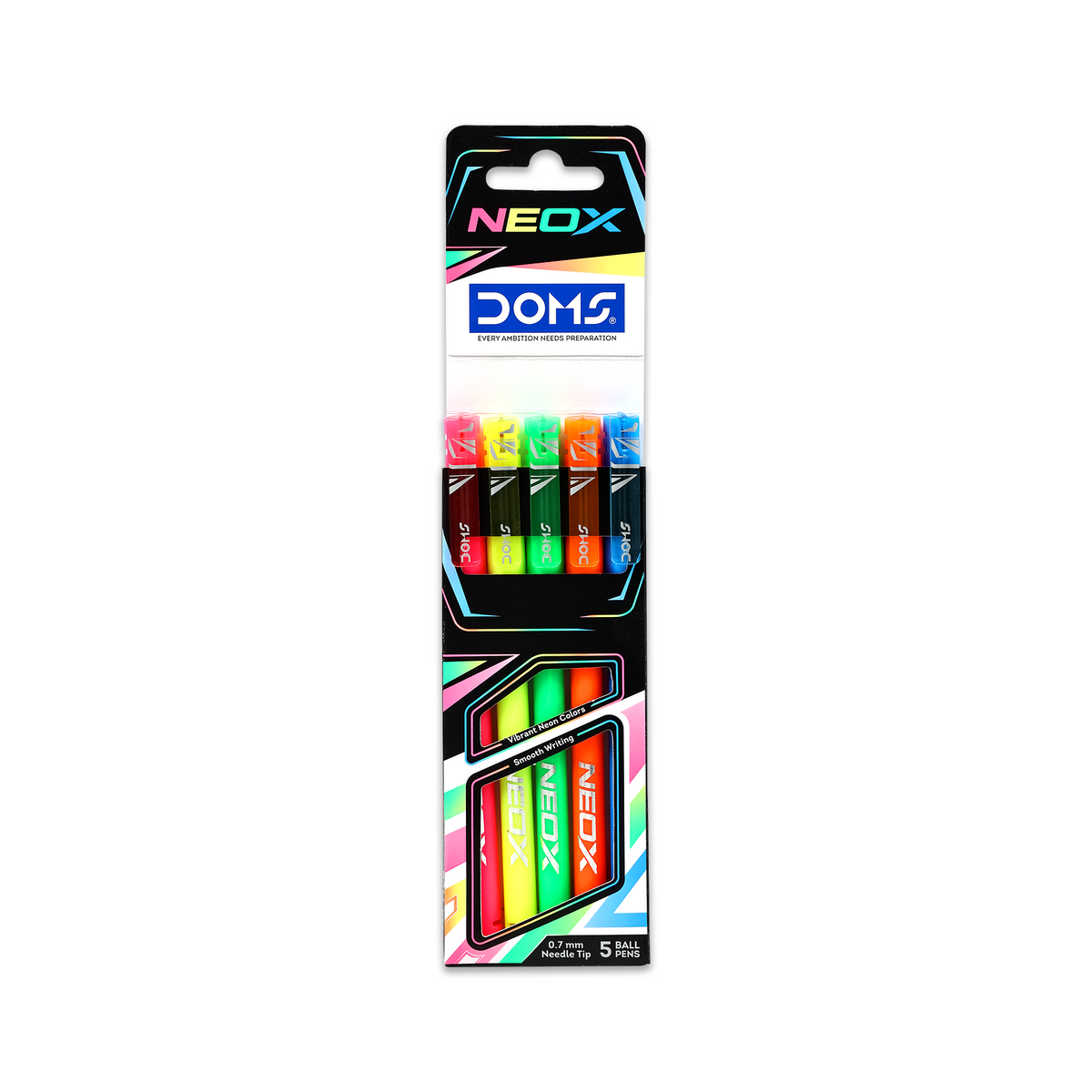 DOMS NEOX Ball Pens Pack of 5 | Blue Ink | 0.7 mm Needle Tip | Assorted Neon Bodies