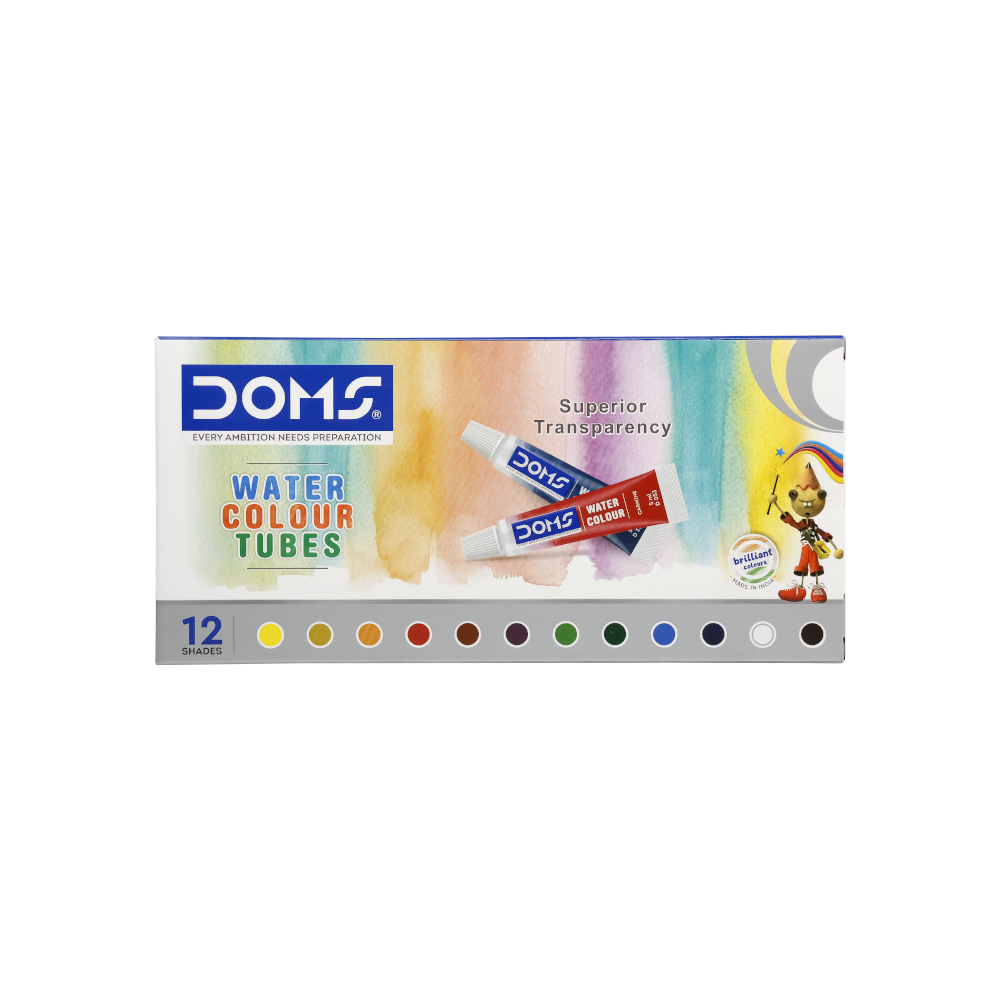 DOMS Water Colour Tubes (12 Shades) with Synthetic Brush | Rich Pigment Watercolors for Students & Beginners