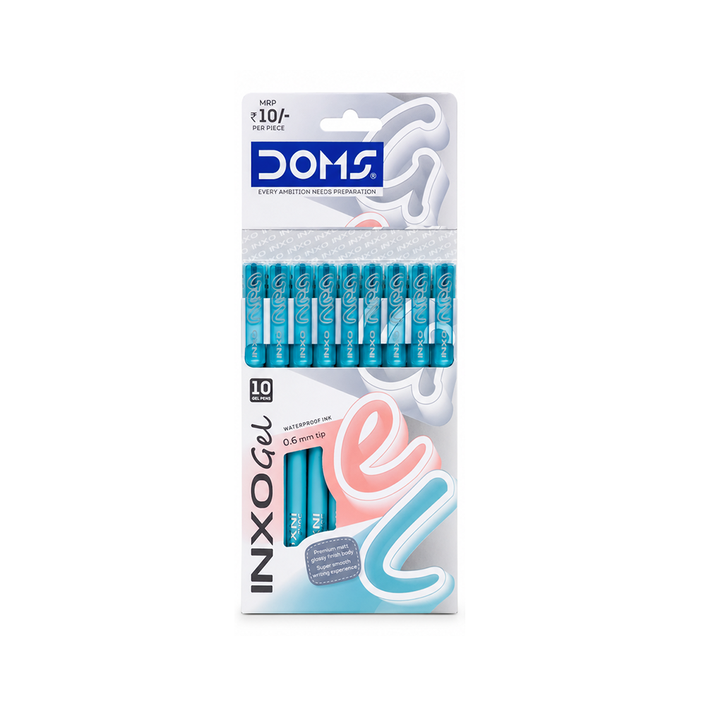 DOMS INXO Gel Pens Pack of 10 0.6mm Fine Tip | Pack of 10 Pens | Smooth Waterproof Ink | Blue, Black & Red Gel Pens