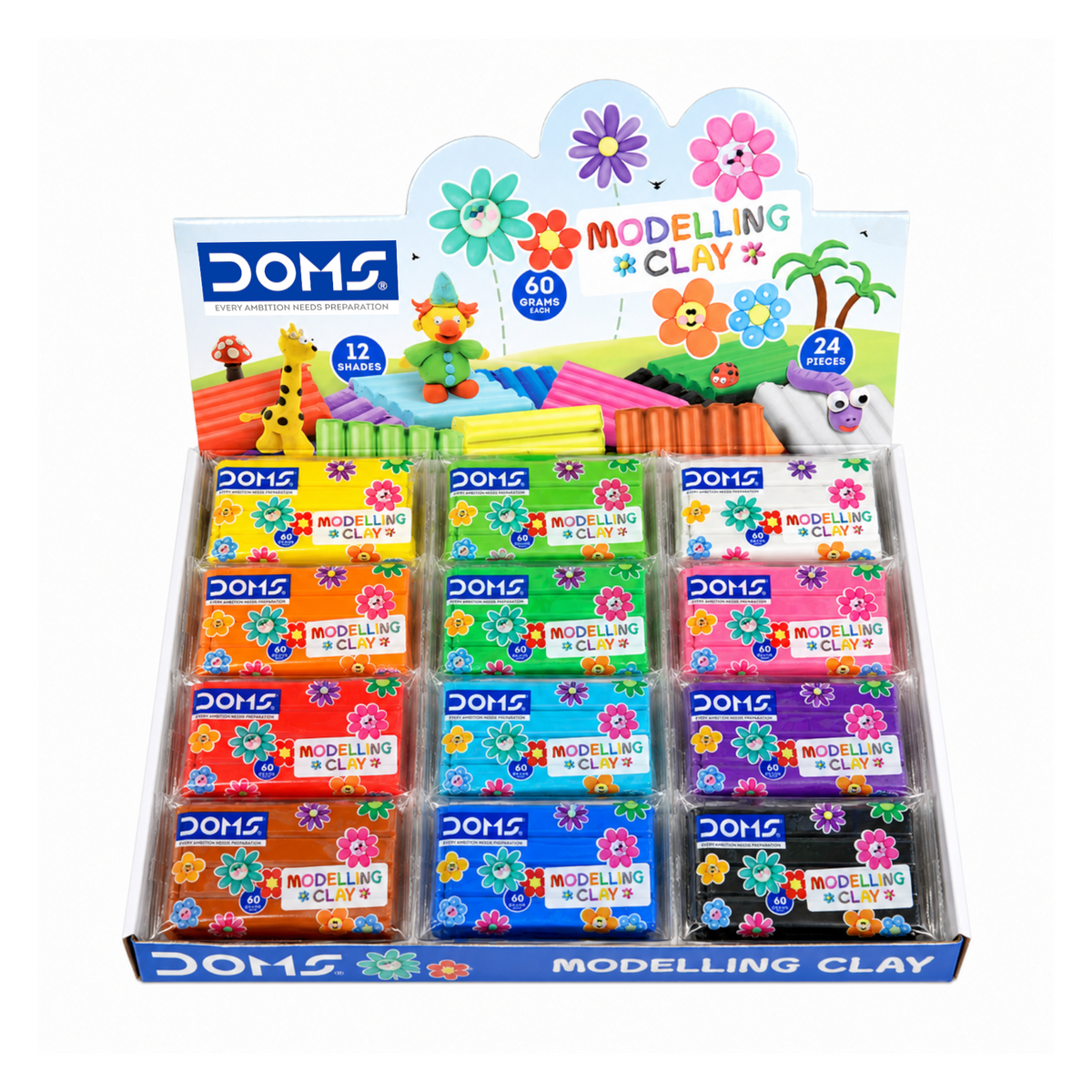 DOMS Modelling Clay Bar Set – 12 Shades, 24 Pieces (60g Each) | Soft Non-Sticky Clay for Kids Art & Craft