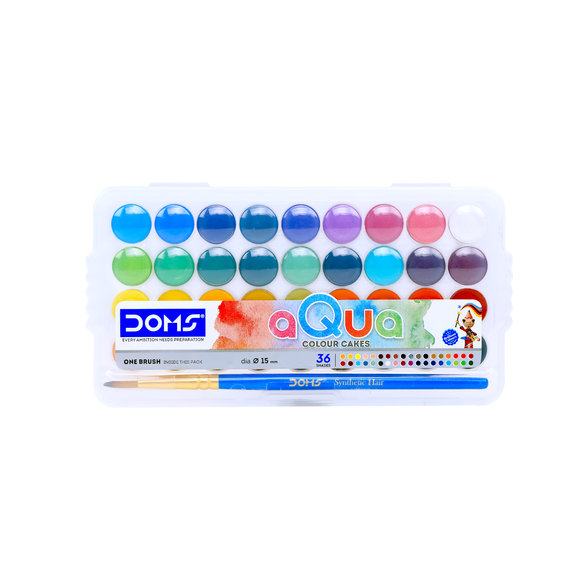DOMS Aqua Colour Cakes 36 Shades (15 mm) with Brush | Premium Watercolour Palette for Students & Artists