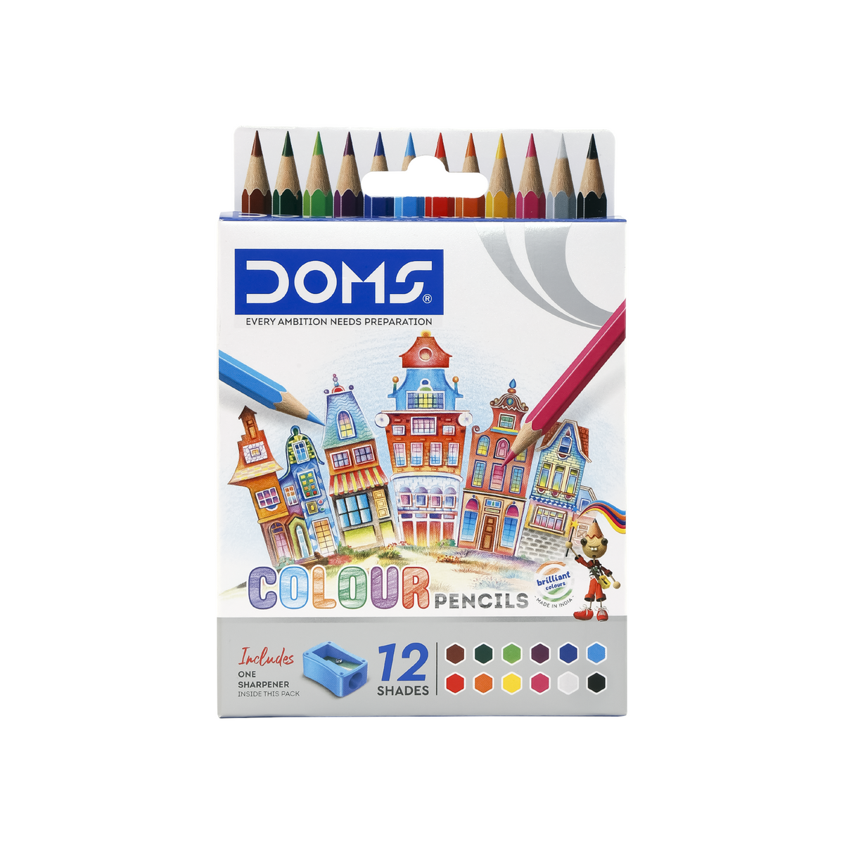 DOMS Half - Size 12 Shades Colour Pencils Set with Sharpener | Vibrant Coloring Pencils for Kids, Students & Artists