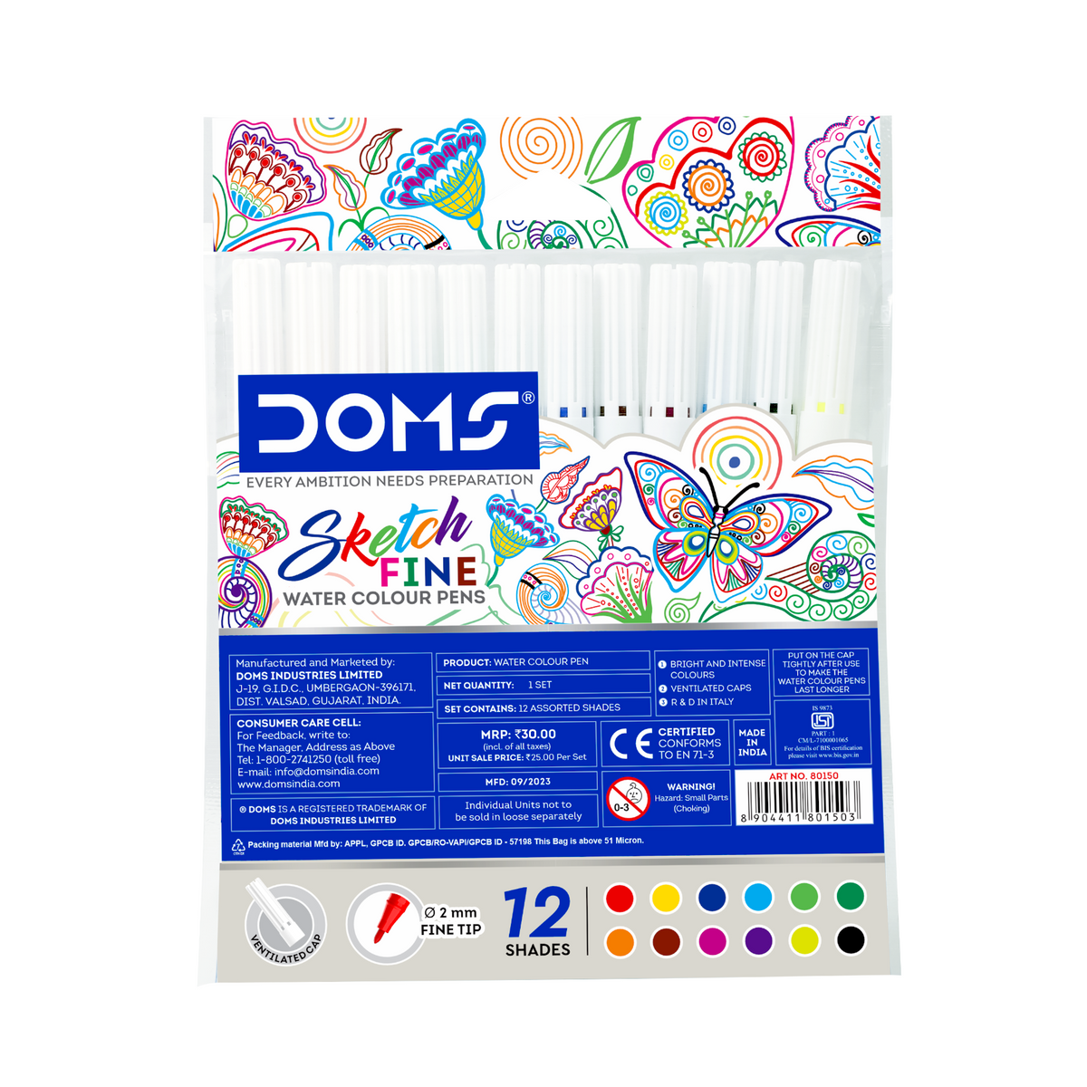 DOMS Sketch Fine Water Colour Pen – 12 Shades | Fine Tip Water-Based Colour Pens for Drawing & Sketching