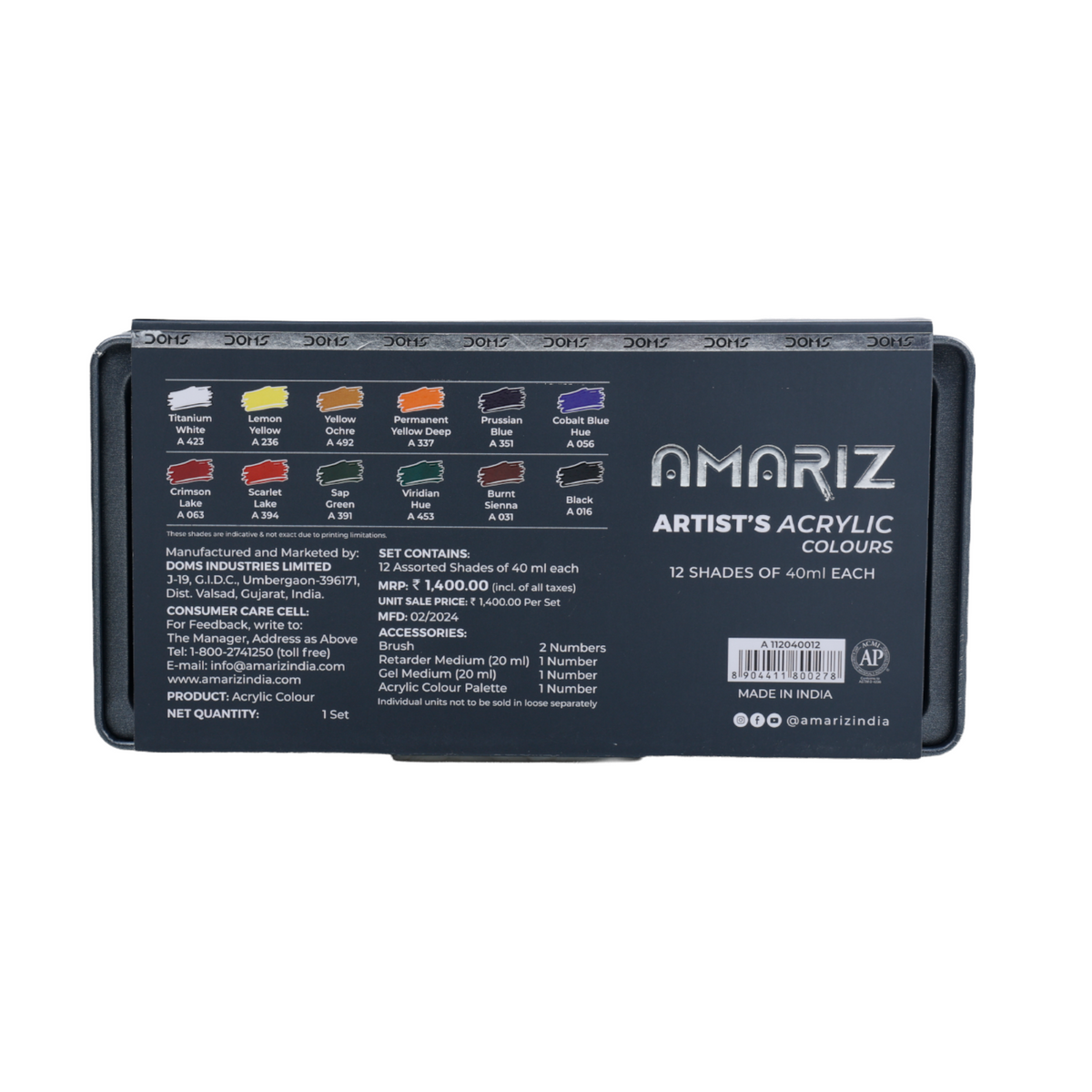 DOMS Amariz Artist ´s Acrylic Colours Set | Professional Acrylic Paint Kit | Rich Pigments for Canvas, Wood & Craft Painting