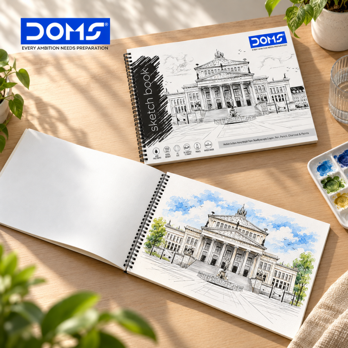 DOMS Sketch Book 150 GSM Spiral Bound Acid-Free Drawing & Sketching Book | 36 Sheets / 72 Pages | 27.5 √ó 34.7 cm | Natural Shade Heavyweight Paper for Pencil, Pen, Crayon, Charcoal & Paint