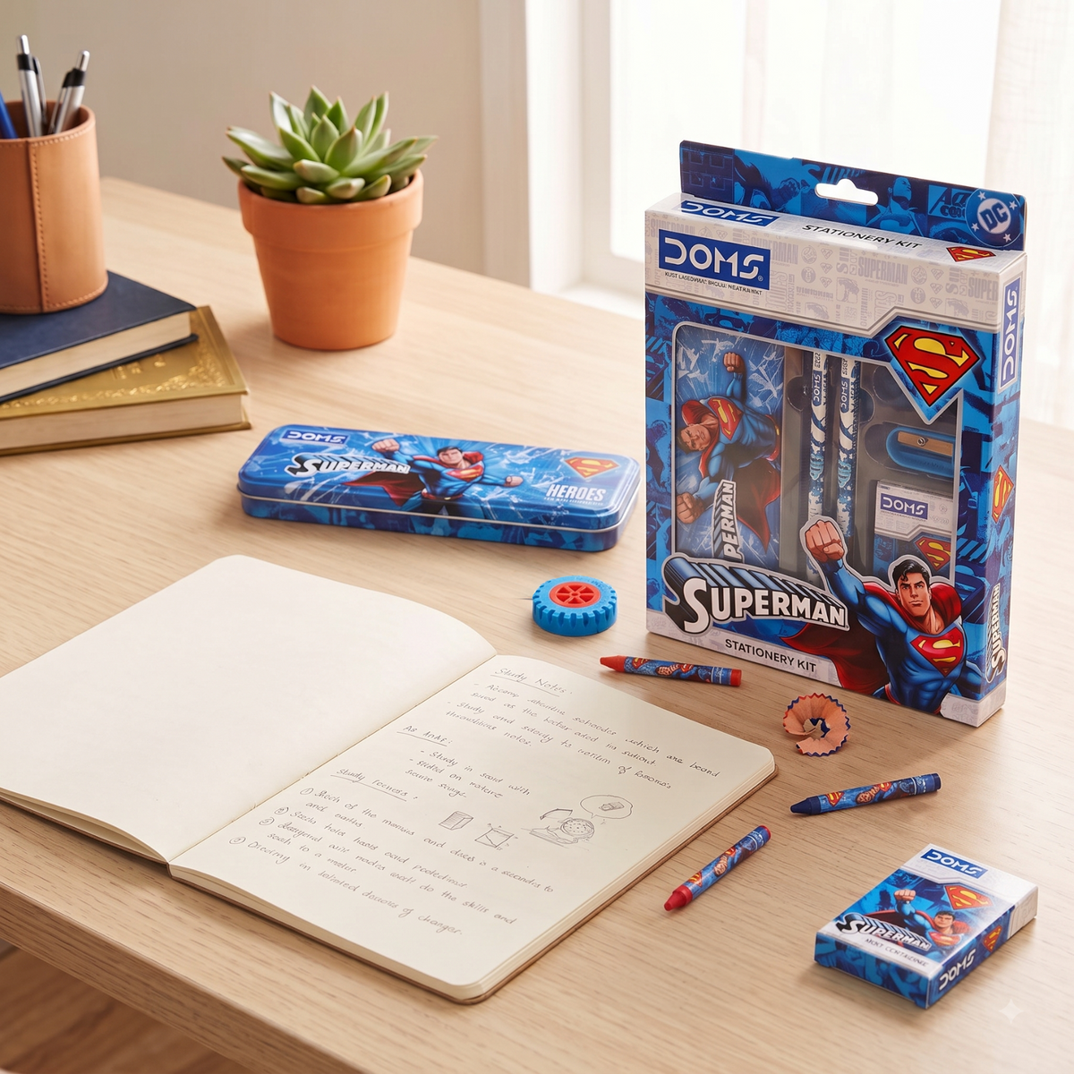 DOMS Superman Stationery Kit with Metal Tin Box, 12-Shade Wax Crayons, 2 Pencils, Eraser, Sharpener & Scale | School & Gifting Set