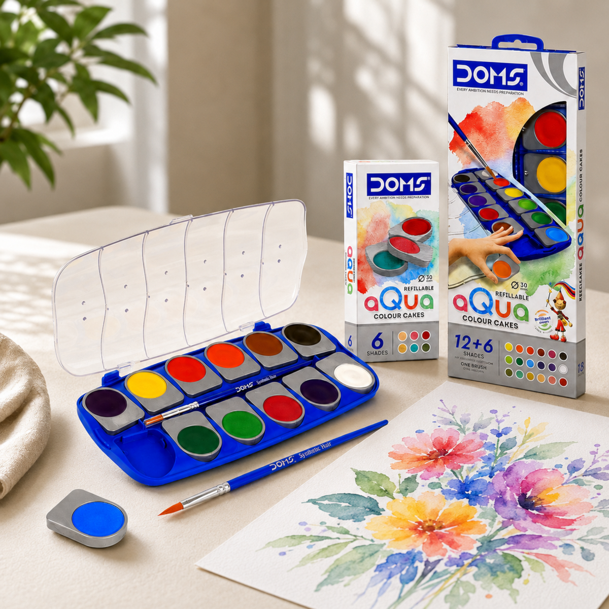 DOMS Refillable Aqua Color Cakes 18 Shades (30mm) | Watercolor Paint Set with Large Pans | Non-Toxic, Vibrant & Smooth Blending Art Kit