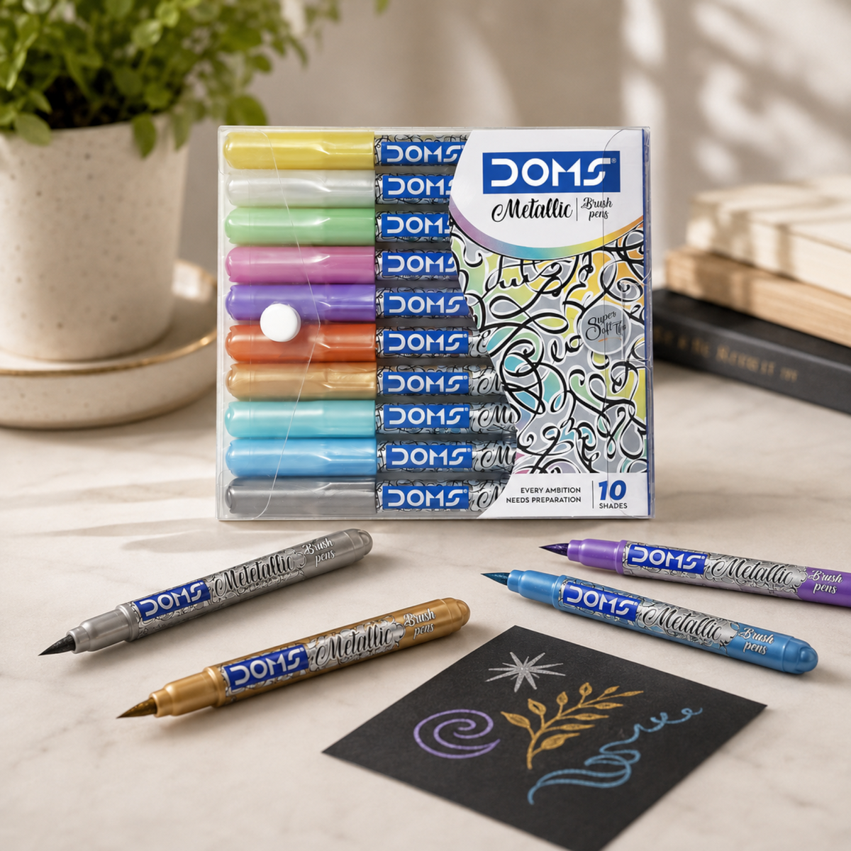 DOMS Metallic Marker Pens Set – 10 Shades Brush Pens for Calligraphy, Art, DIY & Craft | Smooth Flow & Vibrant Colors