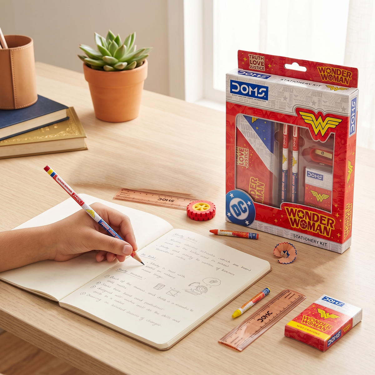 DOMS Wonder Woman Stationery Kit – Kids School Supplies Set with Pencils, Eraser, Sharpener & Ruler | Superhero Theme Gift Kit for Girls