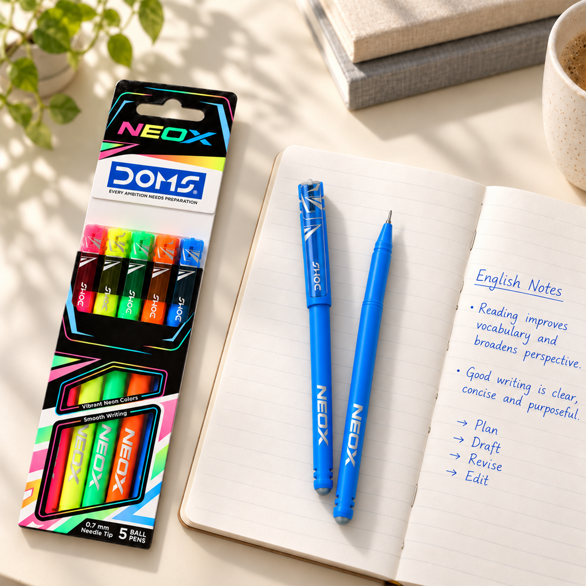 DOMS NEOX Ball Pens Pack of 5 | Blue Ink | 0.7 mm Needle Tip | Assorted Neon Bodies
