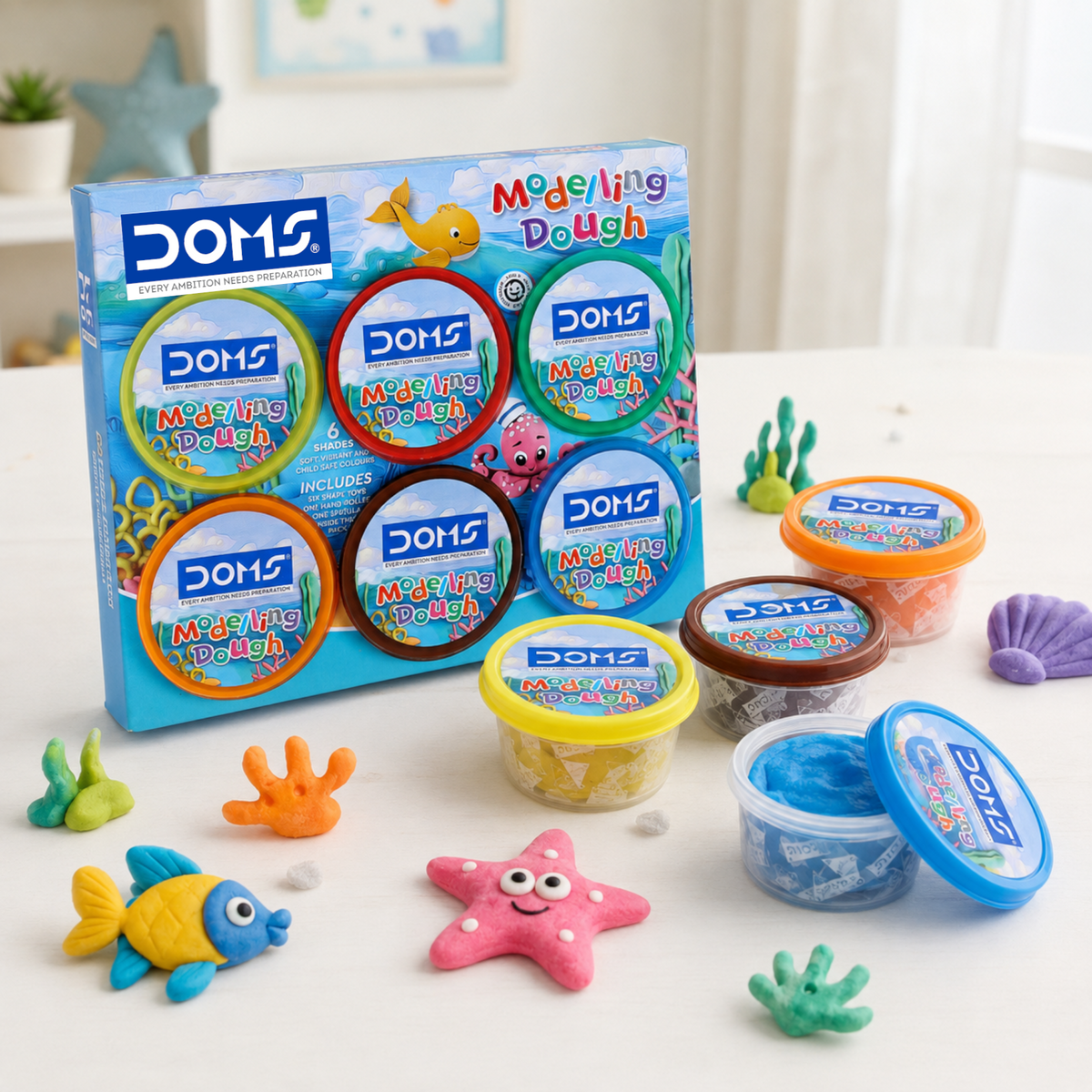 DOMS Modelling Dough 6 Shades (300g) – Soft Non-Toxic Clay Dough for Kids with Tools | Easy Moulding Art & Craft Kit