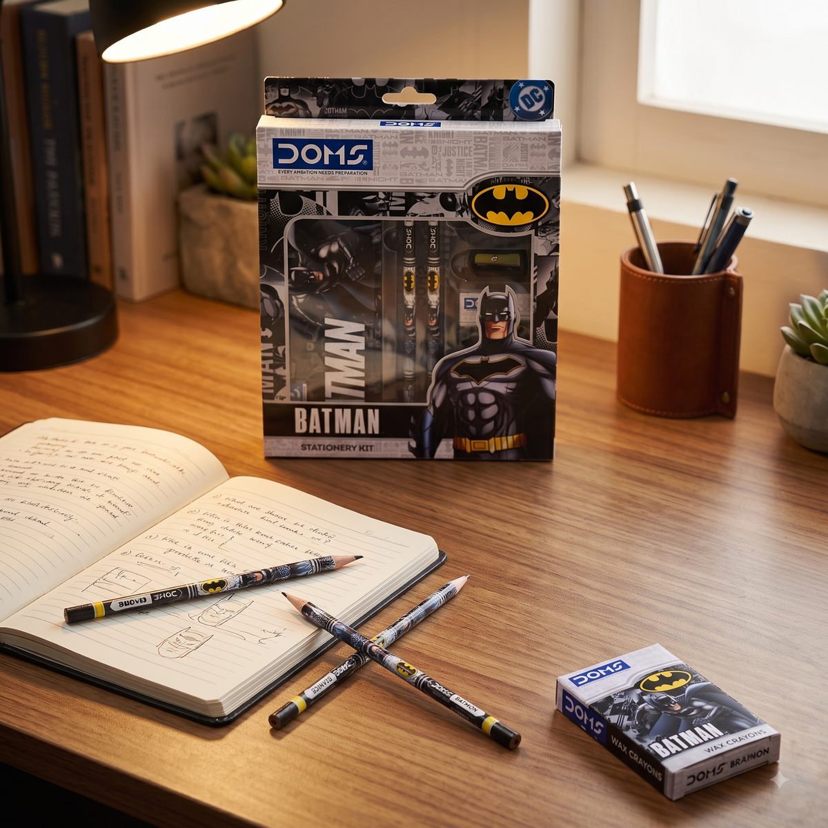 DOMS Batman Stationery Kit with Metal Tin Box – Kids School Kit with 12 Wax Crayons, Pencils, Sharpener, Eraser & Scale | DC Superhero Gift Set