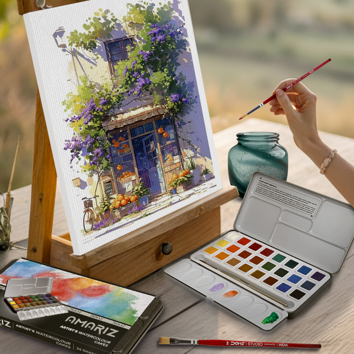 DOMS AMARIZ Artist’s Watercolour Cakes 24 Shades | Premium Water Colour Cake Set with Brush & Mixing Palette for Artists, Students & Beginners