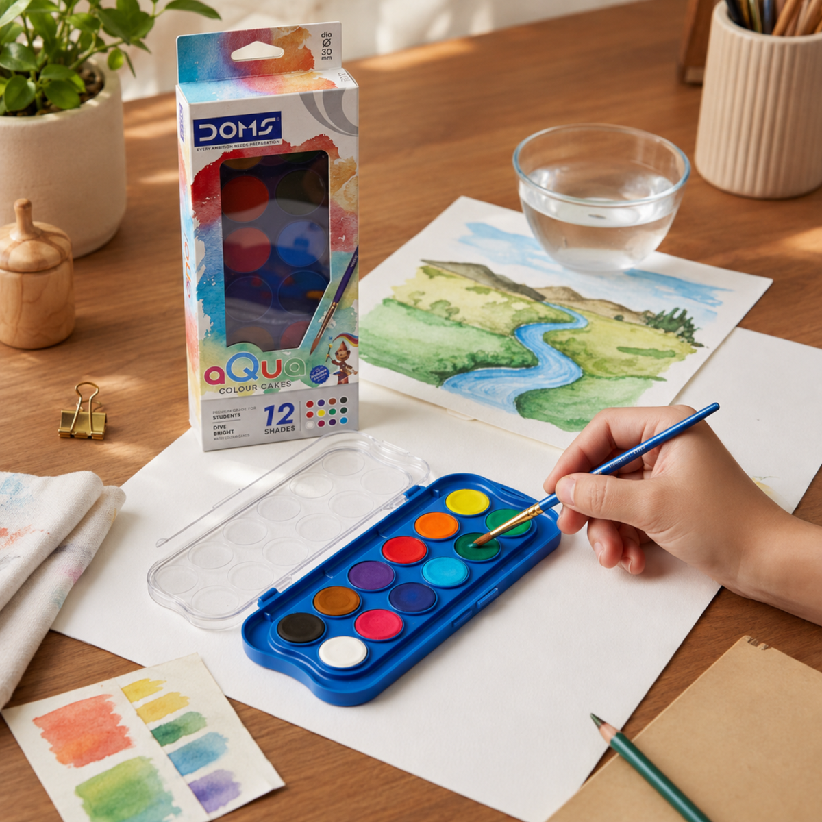 DOMS Aqua Water Colour Cakes (23 mm) – Rich & Bright Colours with Brush | Rich Pigment Watercolor Set with Intermixing Palette
