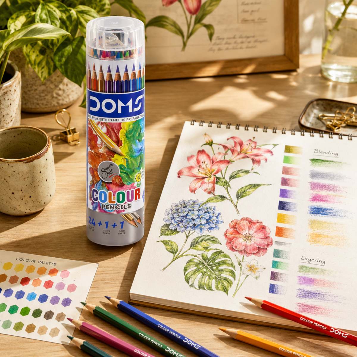 DOMS Full Size Colour Pencils 24 Shades Round Tin Pack | Vibrant & Smooth Colouring Pencils for Kids, Drawing, Sketching, Shading & Art Projects