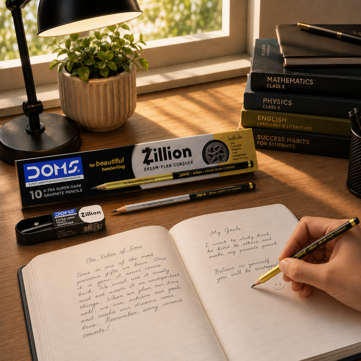 DOMS Zillion X-Tra Super Dark Graphite Pencils Pack of 10 with Sharpener & Eraser | Premium Writing Pencils for Students
