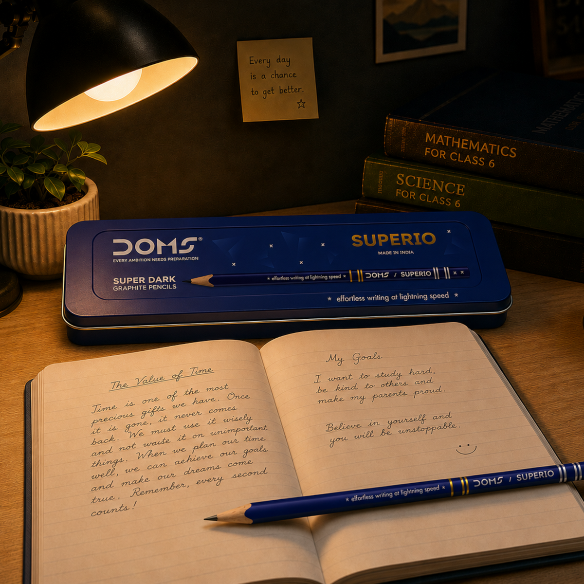 DOMS Superio Graphite Pencils | Super Dark Smooth Writing with Eraser Pencil | Sharpener & Brush Premium Metal Tin Pack