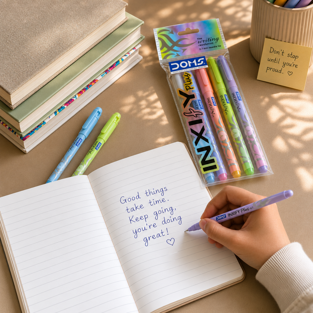 DOMS INXIFY Plus Ball Pens Pack of 5 – 0.7mm Needle Tip Smooth Writing Pens, Blue, Black & Red Ink Pens with Comfortable Grip for School & Office