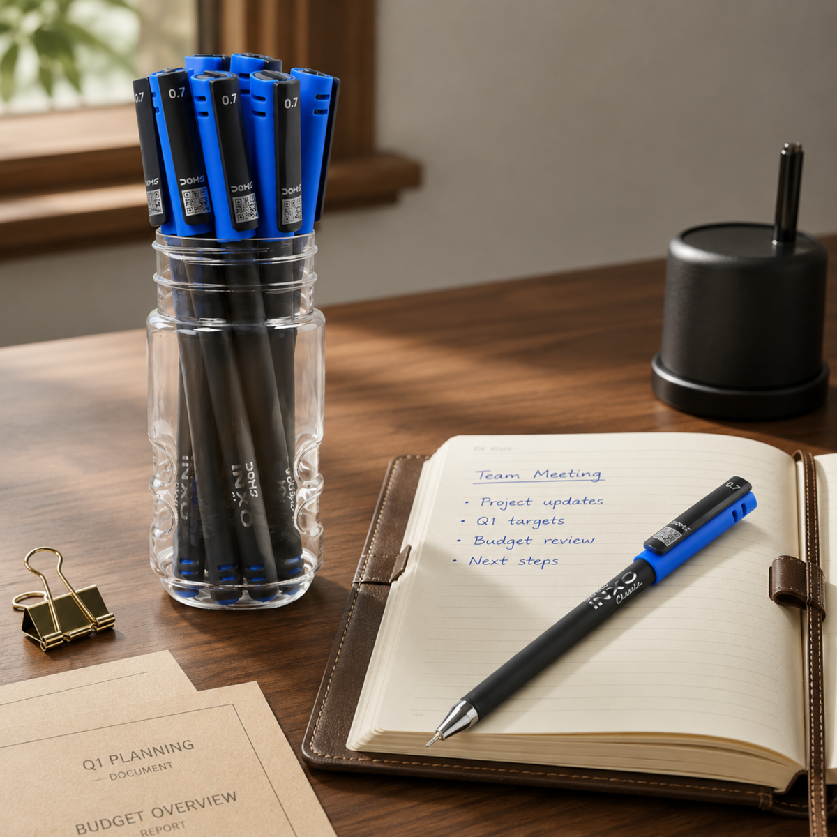DOMS INXO Classic Ball Pen Jar Pack – 0.7mm Smooth Writing Pens | Jar of 10 pens | Available in Blue Ink Colour | Bulk Storage Bottle | ULV Ink Technology