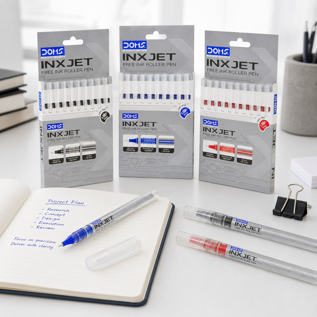 DOMS INXJET Free Ink Roller Pens Pack – 0.5mm Precision Tip | Pack of 10 Pens | Smooth Writing Roller Pens | Blue, Black, Red & Multicolour Ink