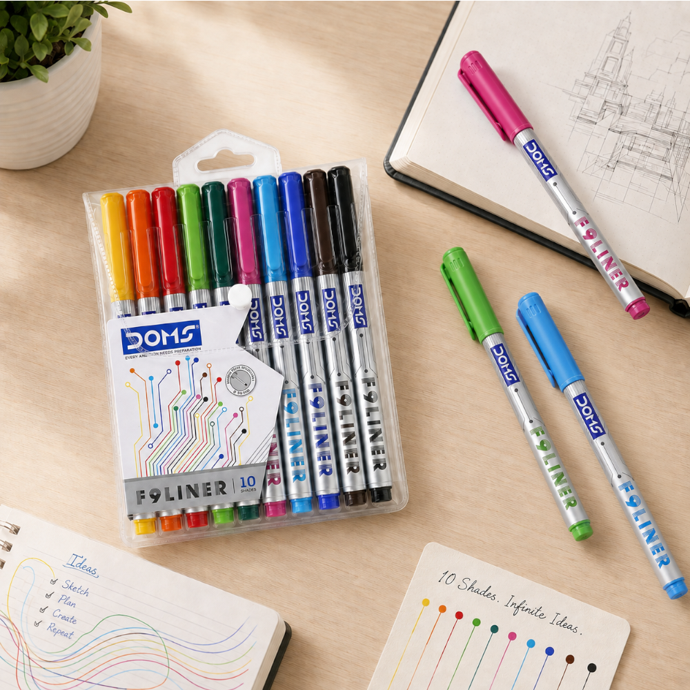DOMS F9 Liner Pen Set – 10 Vibrant Shades | Fine Tip Colour Pens for Writing, Sketching & Doodling | Smooth Ink Flow Fineliner Pens for Students & Artists