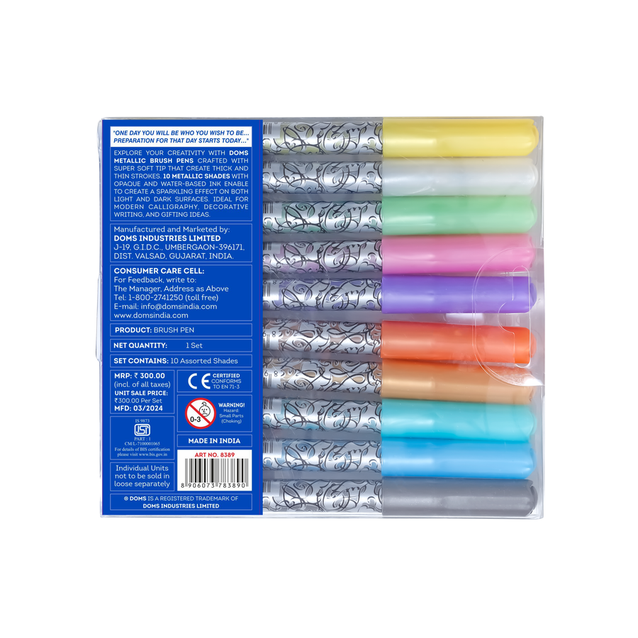 DOMS Metallic Marker Pens Set – 10 Shades Brush Pens for Calligraphy, Art, DIY & Craft | Smooth Flow & Vibrant Colors