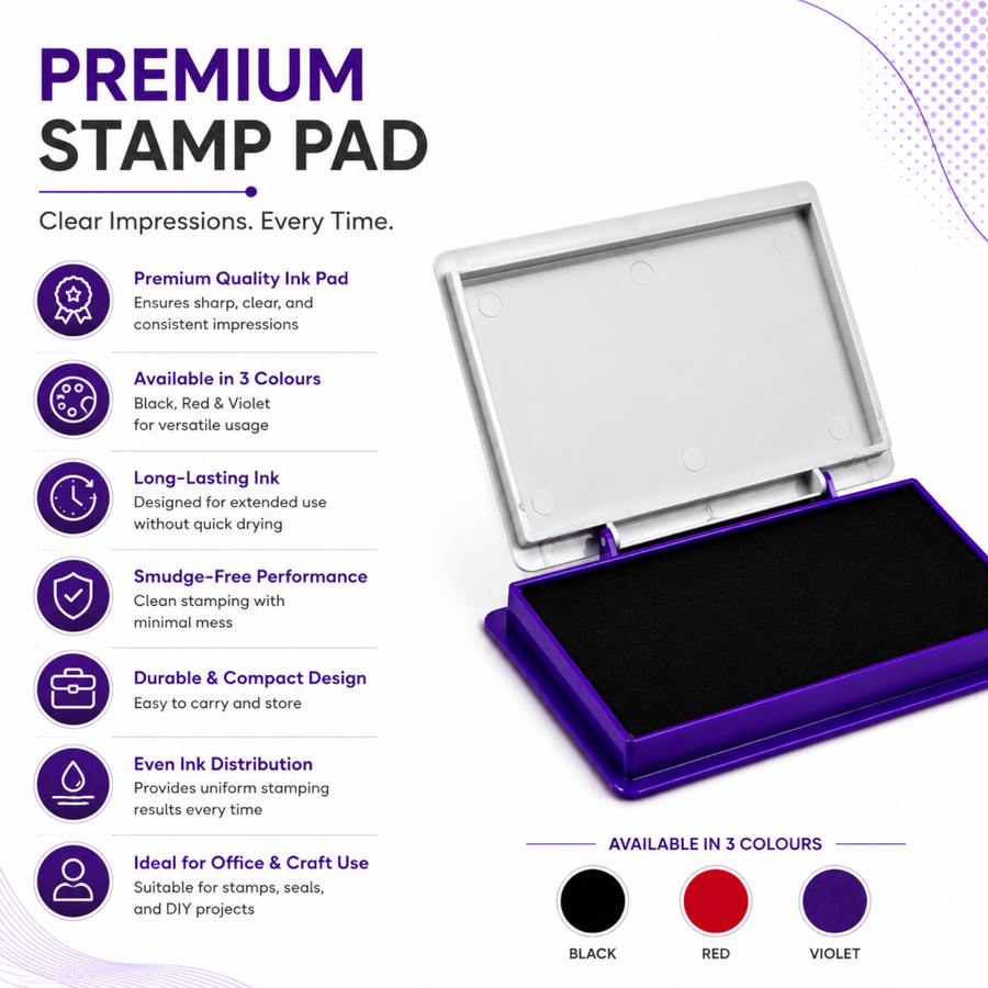 DOMS Premium Small Stamp Pad – Compact Ink Pad | Violet, Black and Red | Portable, Quick-Dry Ink for Office, School & Personal Use