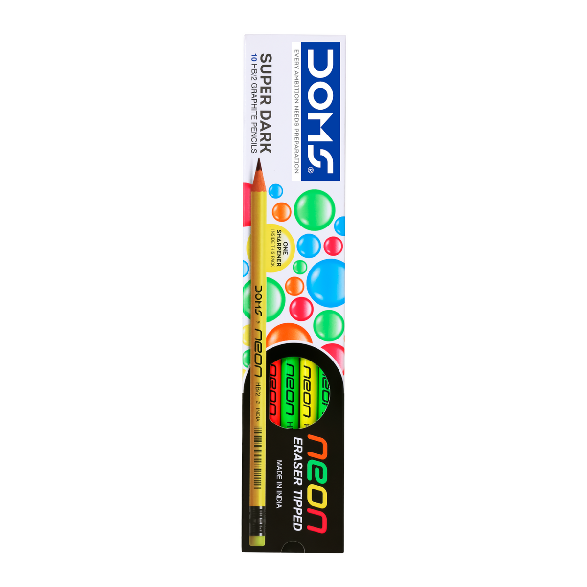 DOMS Neon Rubber-Tipped Graphite Pencils | Super Dark Writing | Smooth Finish | Eraser Tipped | School & Office Use
