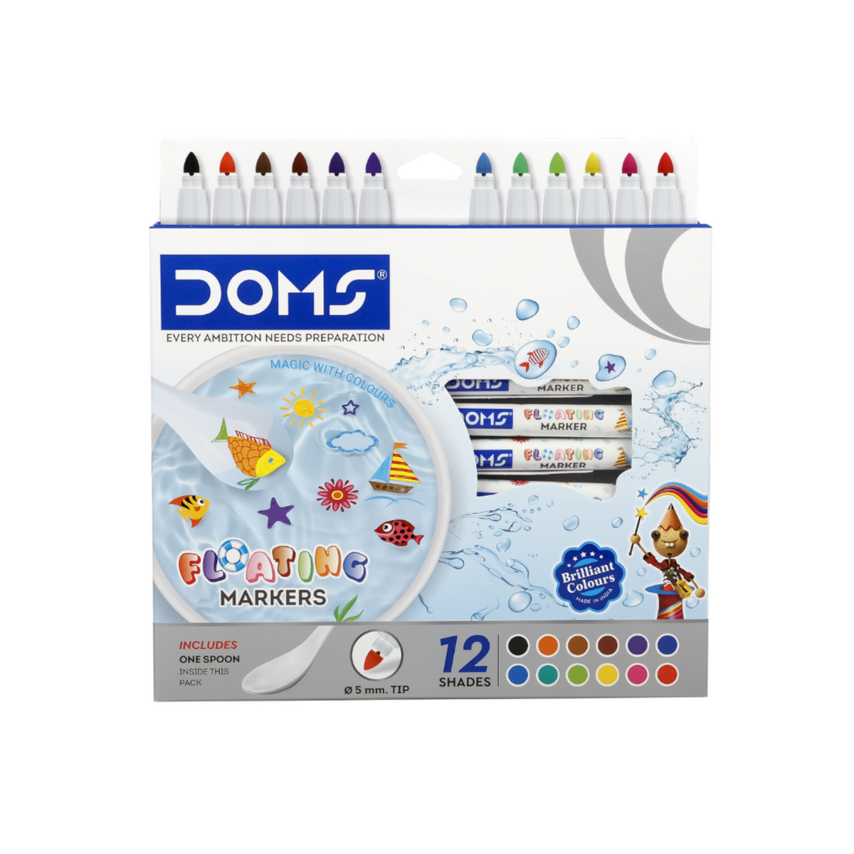 DOMS Floating Markers Set – 12 Vibrant Shades with Magic Water Effect | Fun Drawing & Floating Ink Markers for Kids | Creative Art & Activity Kit with Spoon