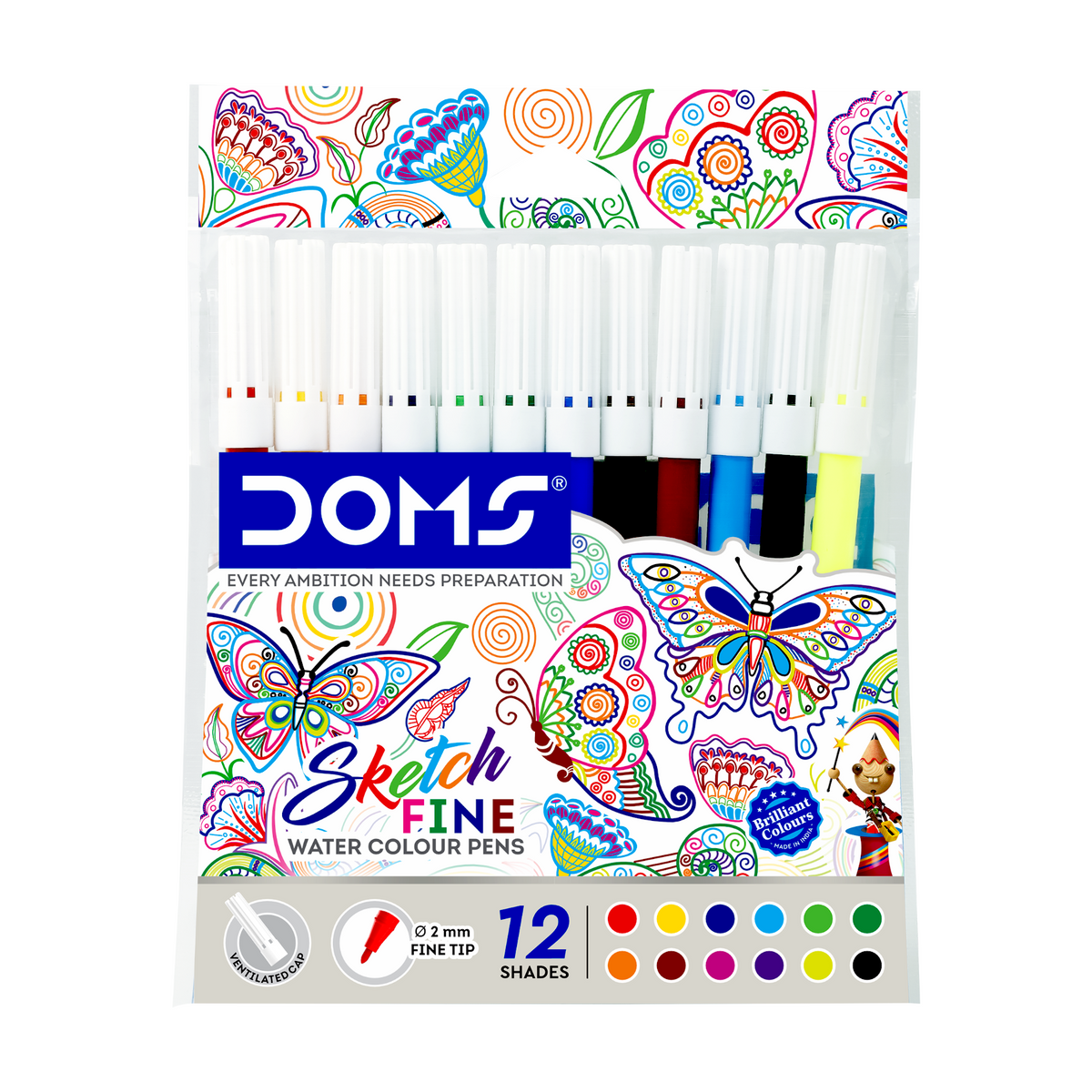 DOMS Sketch Fine Water Colour Pen – 12 Shades | Fine Tip Water-Based Colour Pens for Drawing & Sketching