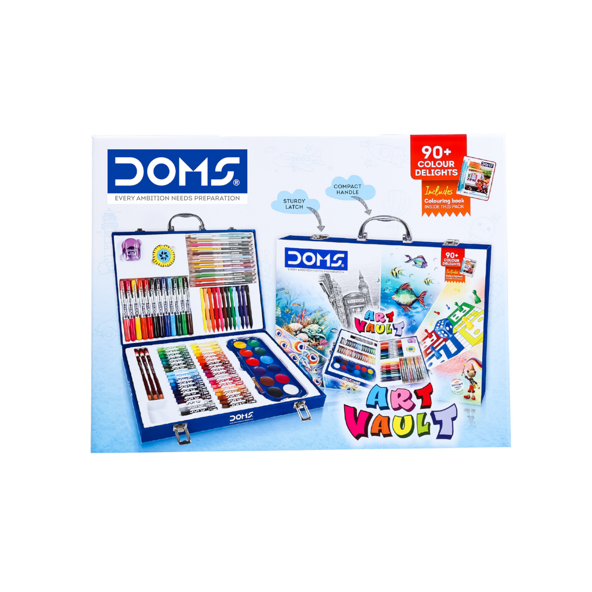 DOMS Art Vault Kit | Colour Art Set with Oil Pastels, Crayons, Sketch Pens, Water Colours & Drawing Tools | Premium Kids Art Kit with Carry Case