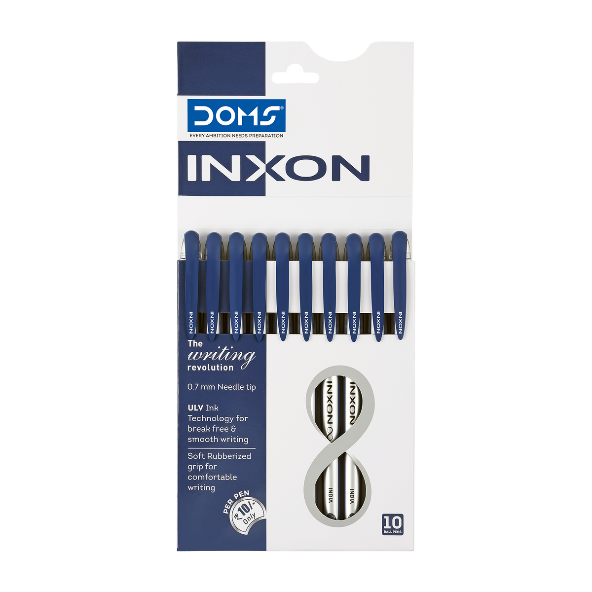 DOMS INXON Ball Pens Pack of 10 – 0.7mm Needle Tip Smooth Writing Pens, ULV Ink Technology, Blue, Black & Red Ink Pens for School & Office