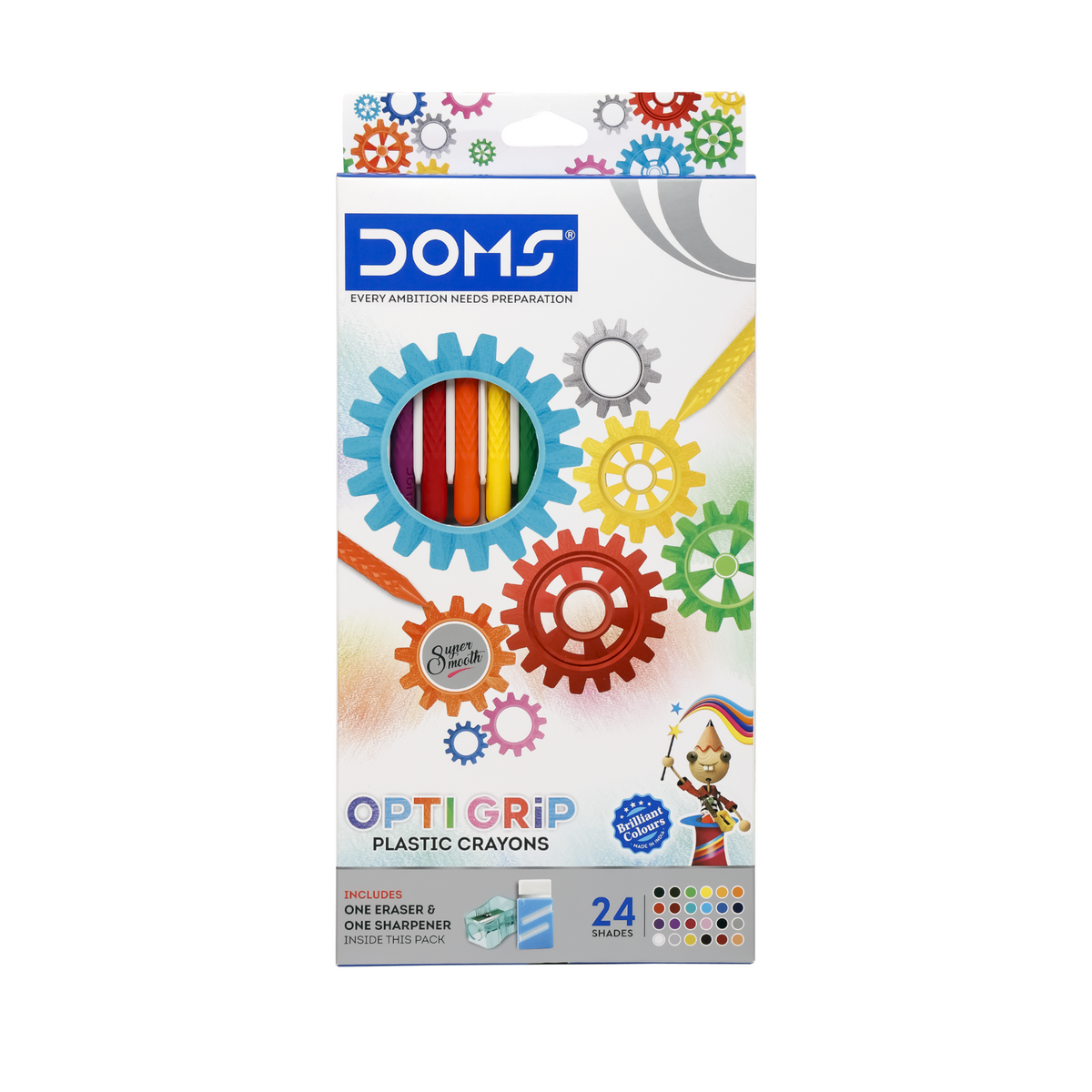 DOMS 24 Shades Opti Grip Plastic Crayons Set for Kids | Non-Toxic Vibrant Coloring Crayons | Smooth, Break-Resistant Art & Drawing Kit